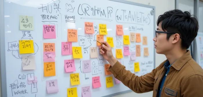 화이트보드에 아이디어를 정리하는 마케터