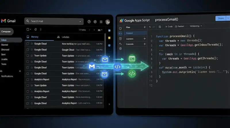 구글 앱스 스크립트로 지메일 가져오기 코드 화면