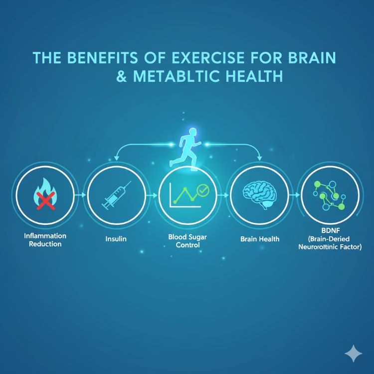 5개의 연결된 원형 아이콘으로 구성된 인포그래픽. 각 원에는 염증 감소(불꽃), 인슐린(주사기), 혈당 그래프, 뇌(해마), BDNF(분자 구조)가 표현되어 있고, 중앙에 운동하는 사람의 실루엣이 빛나는 모습. 밝고 활기찬 파란색과 초록색 톤의 현대적인 디자인