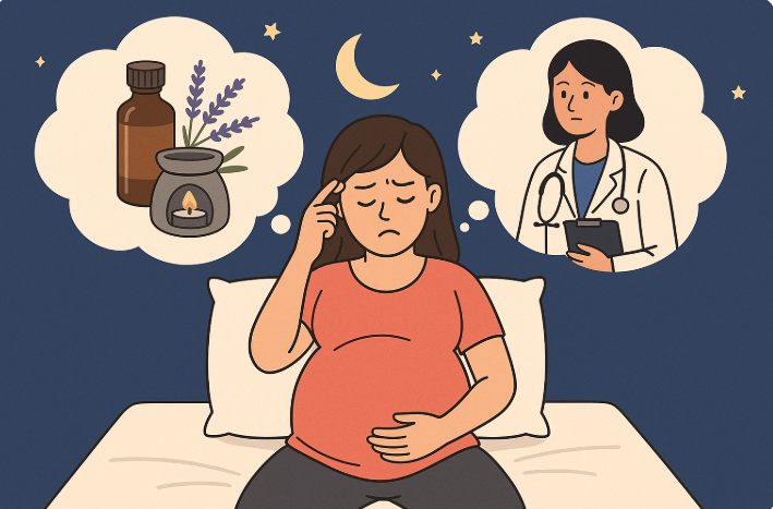 밤마다 잠못드는 임산부 병원치료와 자가관리를 비교 고민하는 모습