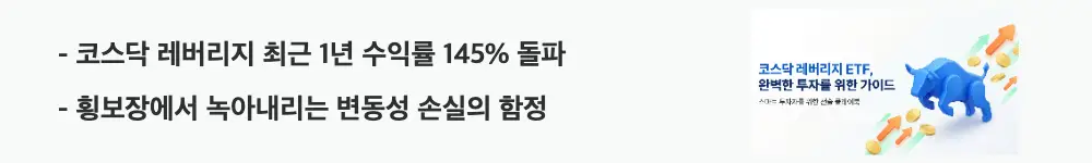 코스닥 레버리지 ETF 비교: '코스닥 레버리지 최근 1년 수익률 145% 돌파'와 '횡보장에서 녹아내리는 변동성 손실의 함정'이라는 문구가 포함된 웹배너 이미지. 이 이미지는 코스닥 레버리지 ETF의 수익률 현황과 변동성 손실 구조를 시각적으로 전달하며, 블로그의 코스닥 레버리지 변동성 손실과 관련된 내용을 설명함
