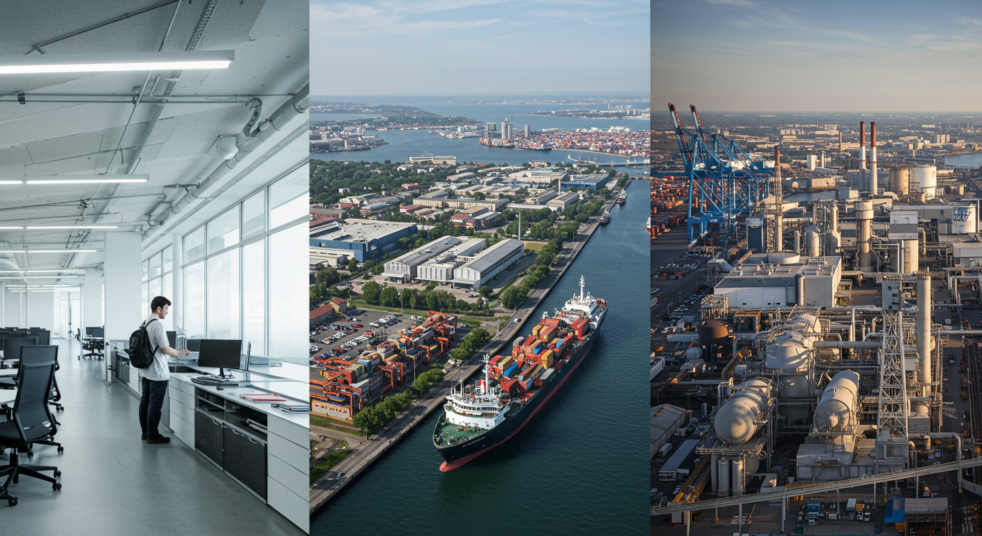 서울, 부산, 경기권의 주요 산업과 증시 이슈를 비교 분석한 디지털 디스플레이 이미지. 각 지역의 산업 특성과 도시 배경이 함께 표현된 실사형 구성.