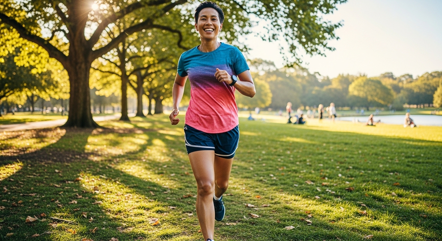 해가 떠 있을 때 공원에서 조깅하는 사람의 활기찬 모습