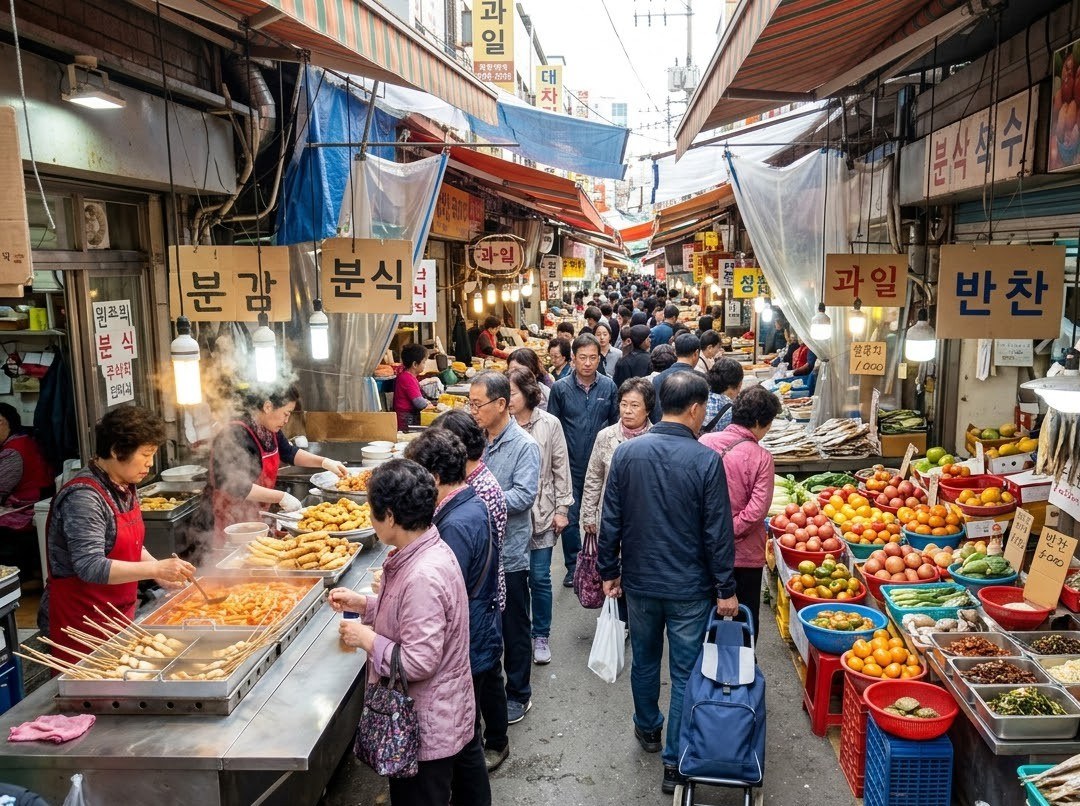 활기찬 전통시장에서 장을 보는 사람들