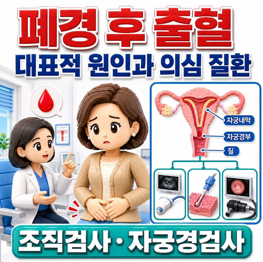 폐경 후 출혈의 대표적 원인과 조직검사&middot;자궁경검사를 설명하는 산부인과 의료 인포그래픽
