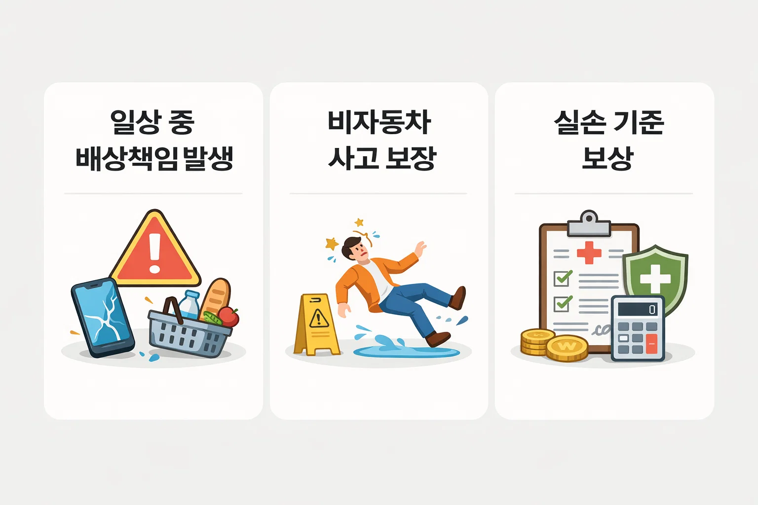 운전자보험 일상생활배상 보장 중 비자동차 사고, 실손 기준, 배상책임 발생 상황을 한눈에 요약한 인포그래픽 이미지