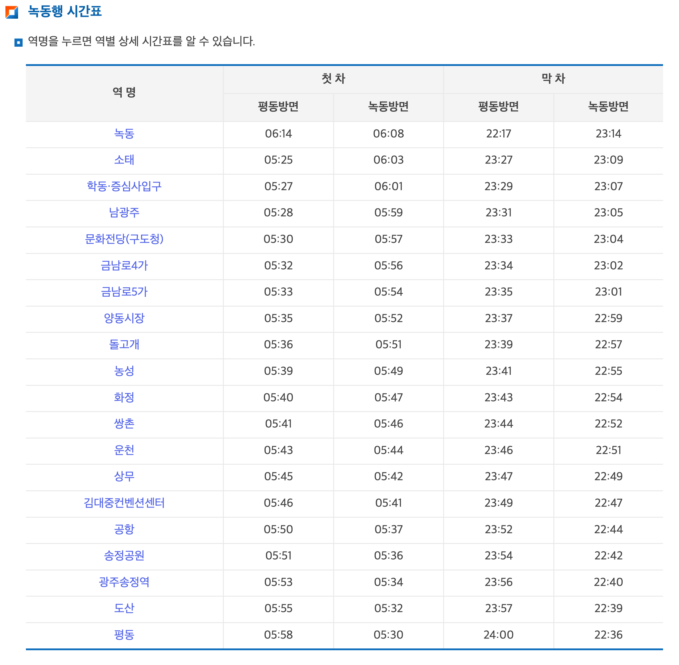 광주 녹동행 첫차/막차 시간표