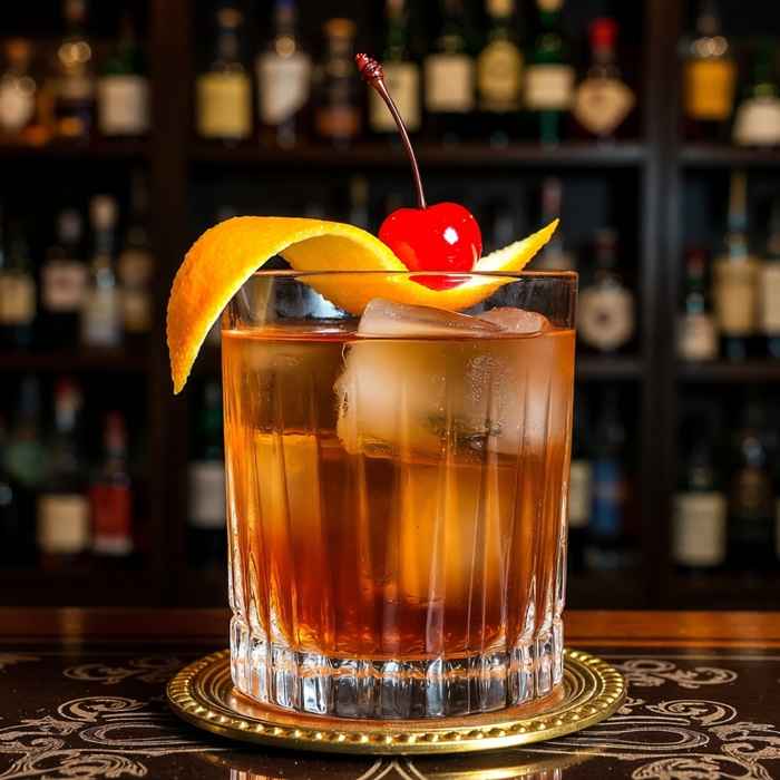 오렌지 필과 체리로 장식된 깊은 호박색의 우아한 비쥬 칵테일 완성 사진