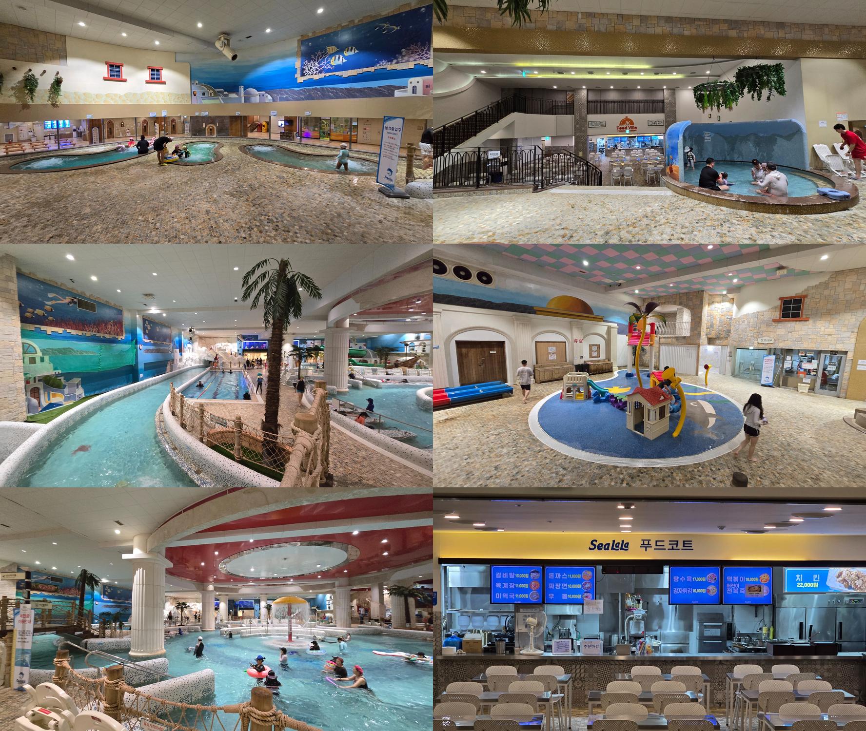 영등포 씨랄라 워터파크의 주요 시설을 보여주는 2열 콜라쥬 이미지. 유수풀, 메인풀, 키즈존, 이벤트 스파, 푸드코트, 유아풀까지 가족 단위 이용객을 위한 대표 공간이 세로로 3장씩 구성되어 있다.