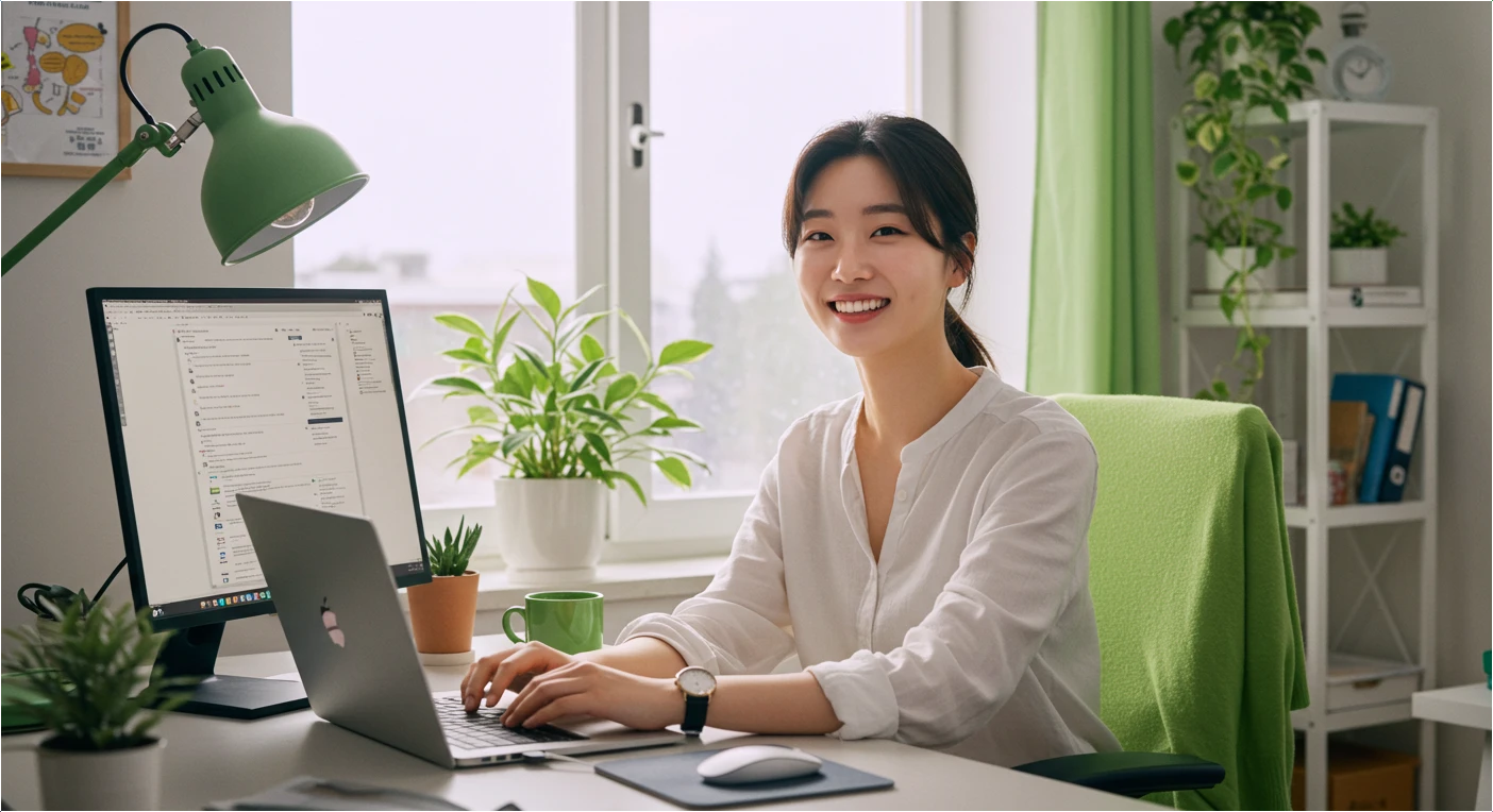 집에서 밝은 미소를 지으며 효율적으로 재택근무하는 한국인 직장인의 모습.
