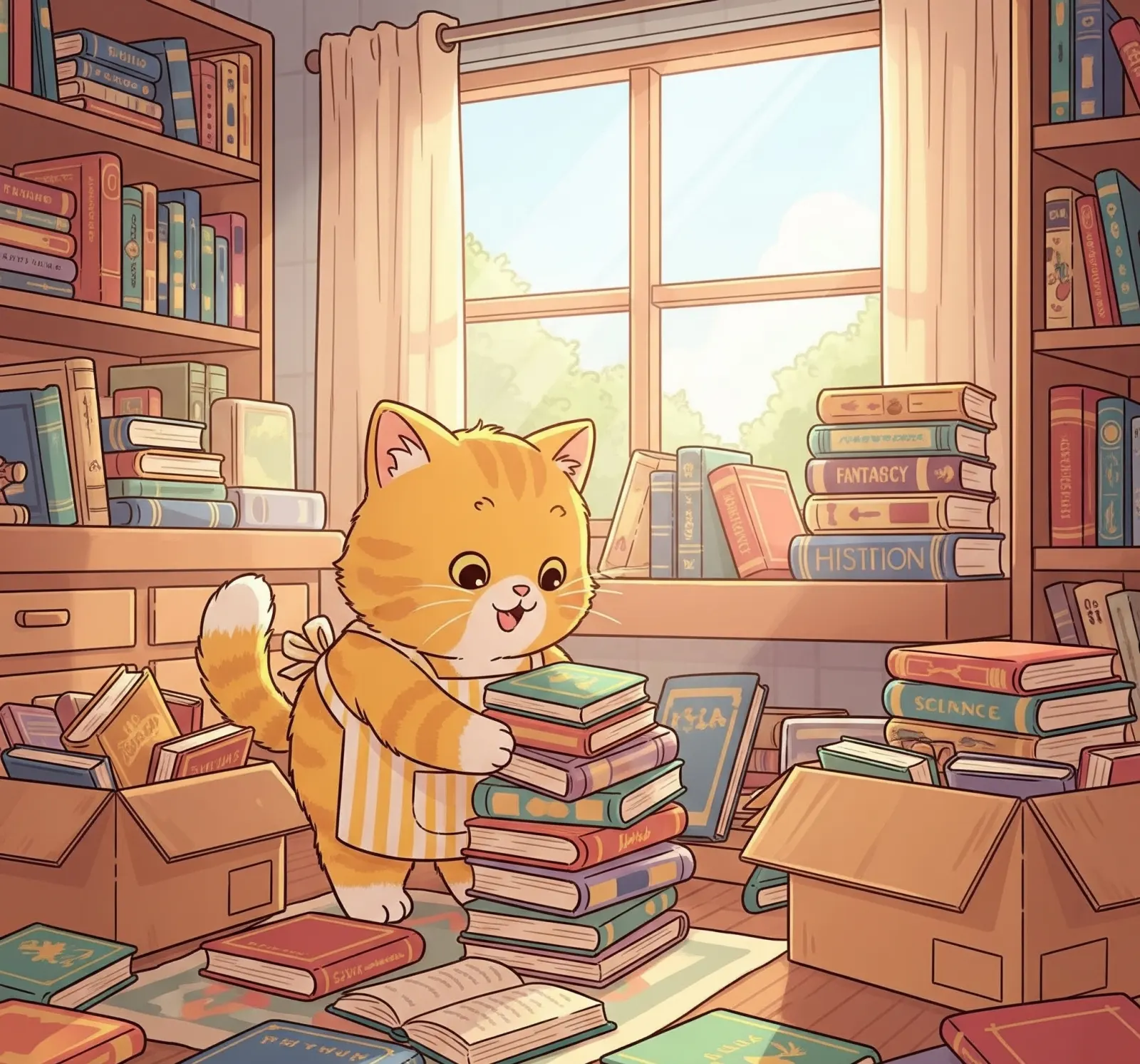 책을 정리하는 고양이 그림, Illustration of a cat organizing books