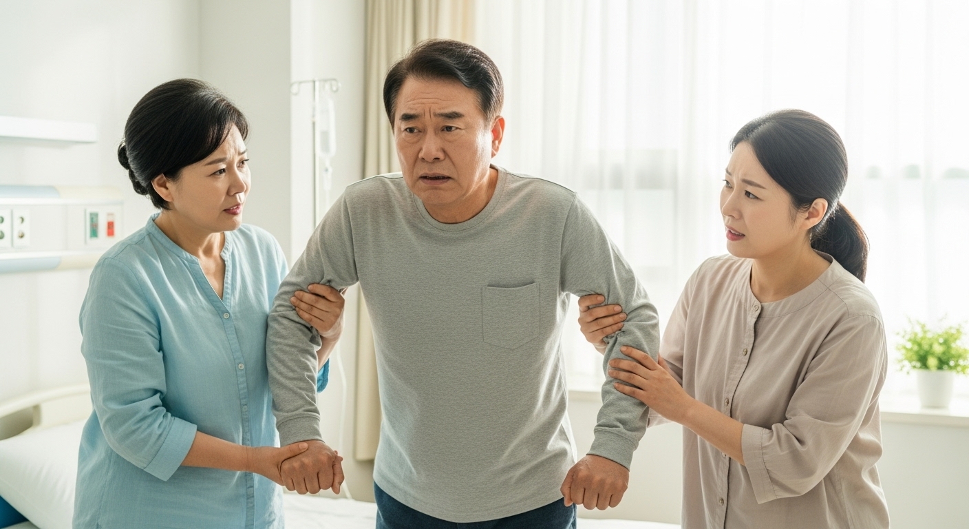 가족이 옆에서 부축하는 장면