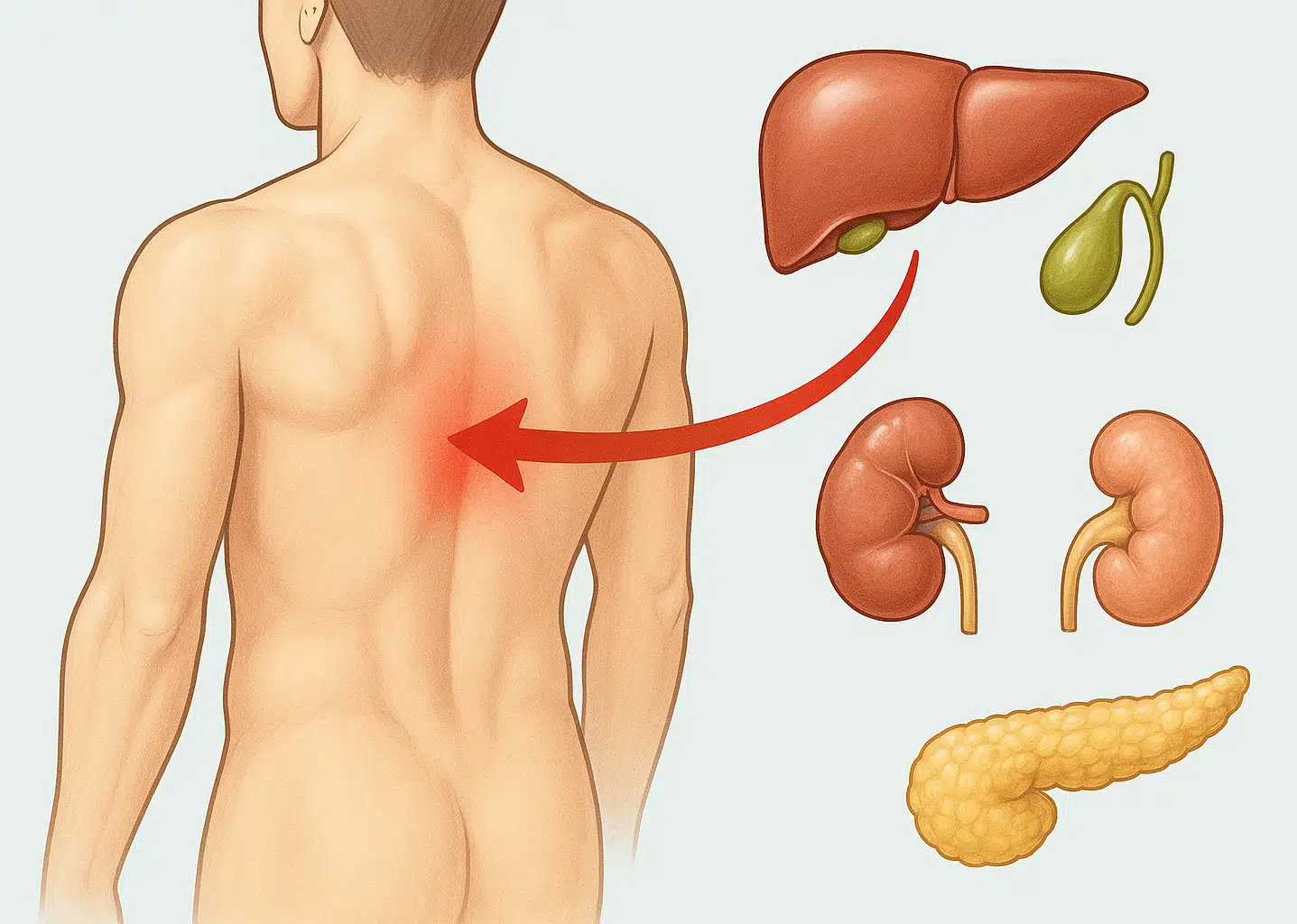 오른쪽 등과 연결된 간, 담낭, 신장, 췌장 위치 표시, 통증이 등으로 반사되는 화살표