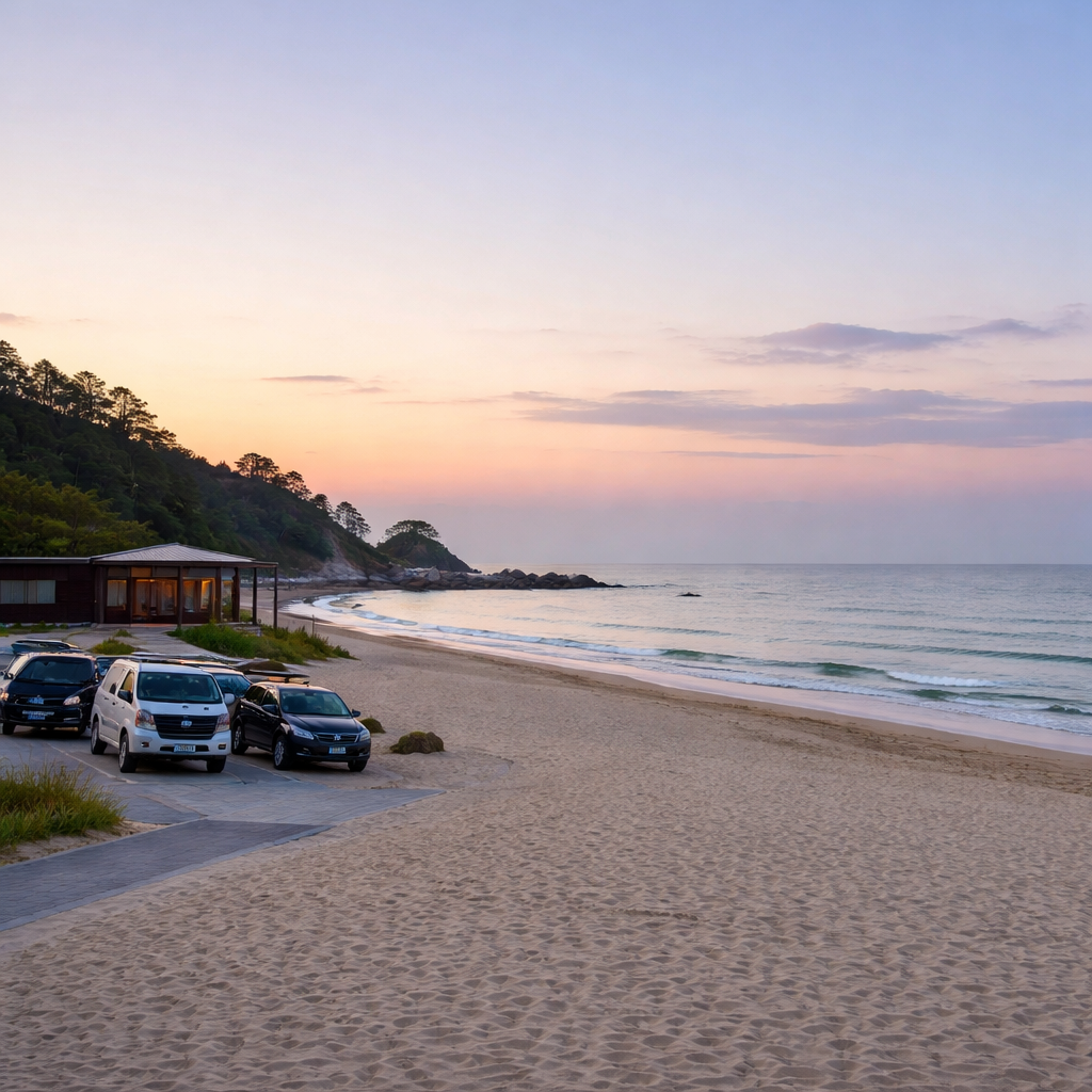 양양 하조대 해변 주차장에 차박 차량들이 주차되어 있고, 깨끗한 화장실이 보이는 모습