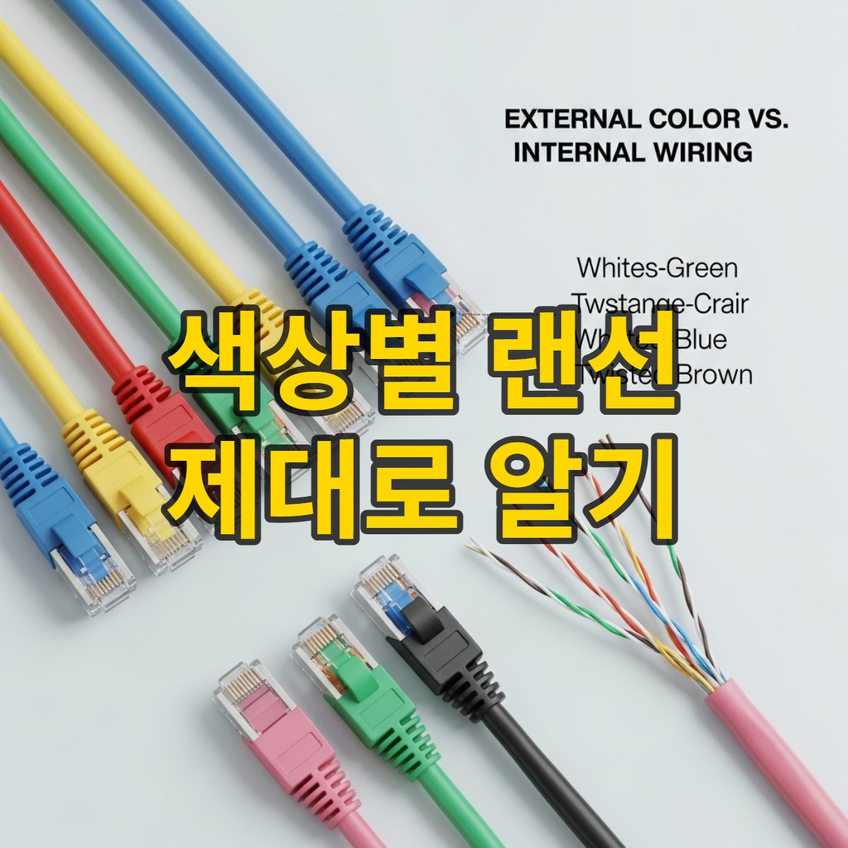 다양한 색상의 이더넷 케이블과 내부 전선 색상 코드가 보이는 RJ45 커넥터, 네트워크 구성의 복잡성과 효율성을 나타내는 이미지.