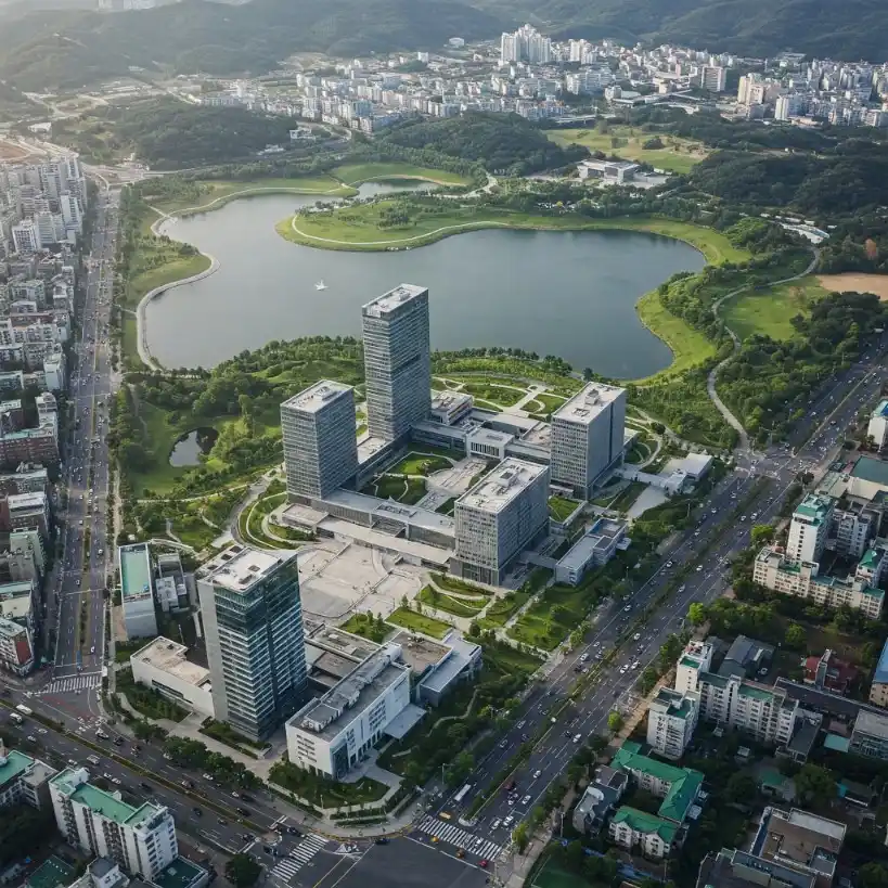 세종시 정부청사와 호수공원이 조화를 이룬 항공 뷰