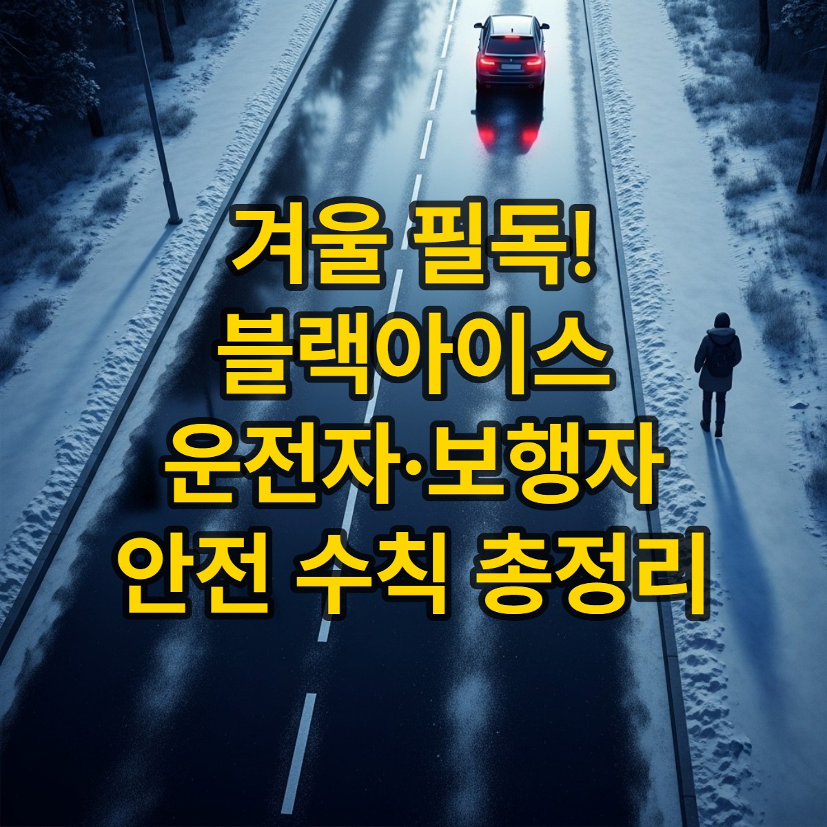 타이틀섬네일_육안으로 잘 보이지 않는 검은색 얼음, 블랙아이스로 덮인 도로 위를 조심스럽게 운전하는 차량과 걷는 보행자의 모습