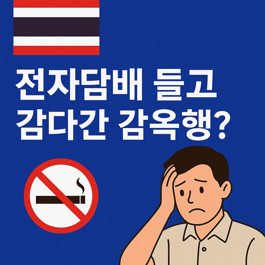태국 국기와 함께 "전자담배 들고 갔다간 감옥행?"이라는 문구가 큼직하게 쓰인 경고 이미지. 파란 배경 위에 전자담배 금지를 상징하는 금연 아이콘과 걱정스러운 표정의 남성 캐릭터가 함께 배치되어 있어 태국의 전자담배 소지 금지에 대한 경각심을 전달한다.