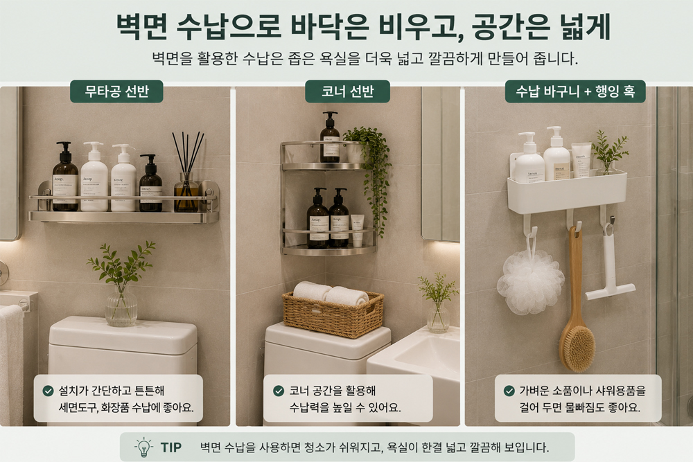 좁은 욕실을 넓게 쓰는 벽면 수납 방법. 무타공 선반, 코너선반, 벽걸이 수납바구니를 활용해 바닥을 비우고 공간 활용을 높인 호텔 스타일 욕실 정리 사례