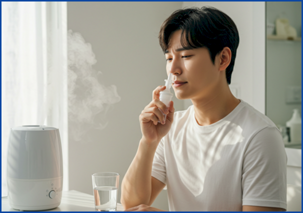 한 남성이 욕실에서 생리식염수로 후비루 자가 치료를 위해 코 세척을 하며 상쾌해하고 있는 모습.