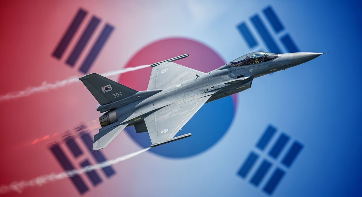 KF-21 보라매가 대한민국 상공을 굳건히 수호하는 모습, 자주국방의 강력한 의지를 나타냄.