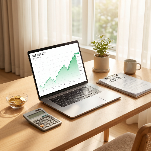 세련되고 깔끔한 화이트 톤의 책상 위에 최신 노트북이 켜져 있으며, 화면에는 S&P 500 ETF의 우상향하는 주가 그래프가 선명하게 표시되어 있음. 노트북 옆에는 세액공제를 상징하는 계산기와 정갈하게 정돈된 세금 서류, 황금색 주화 몇 개가 자연스럽게 놓여 있음. 전체적으로 밝고 따뜻한 자연광이 스튜디오 분위기를 연출하며 자산 관리와 재테크의 전문성을 시각적으로 전달하는 시네마틱 8k 해상도 사진