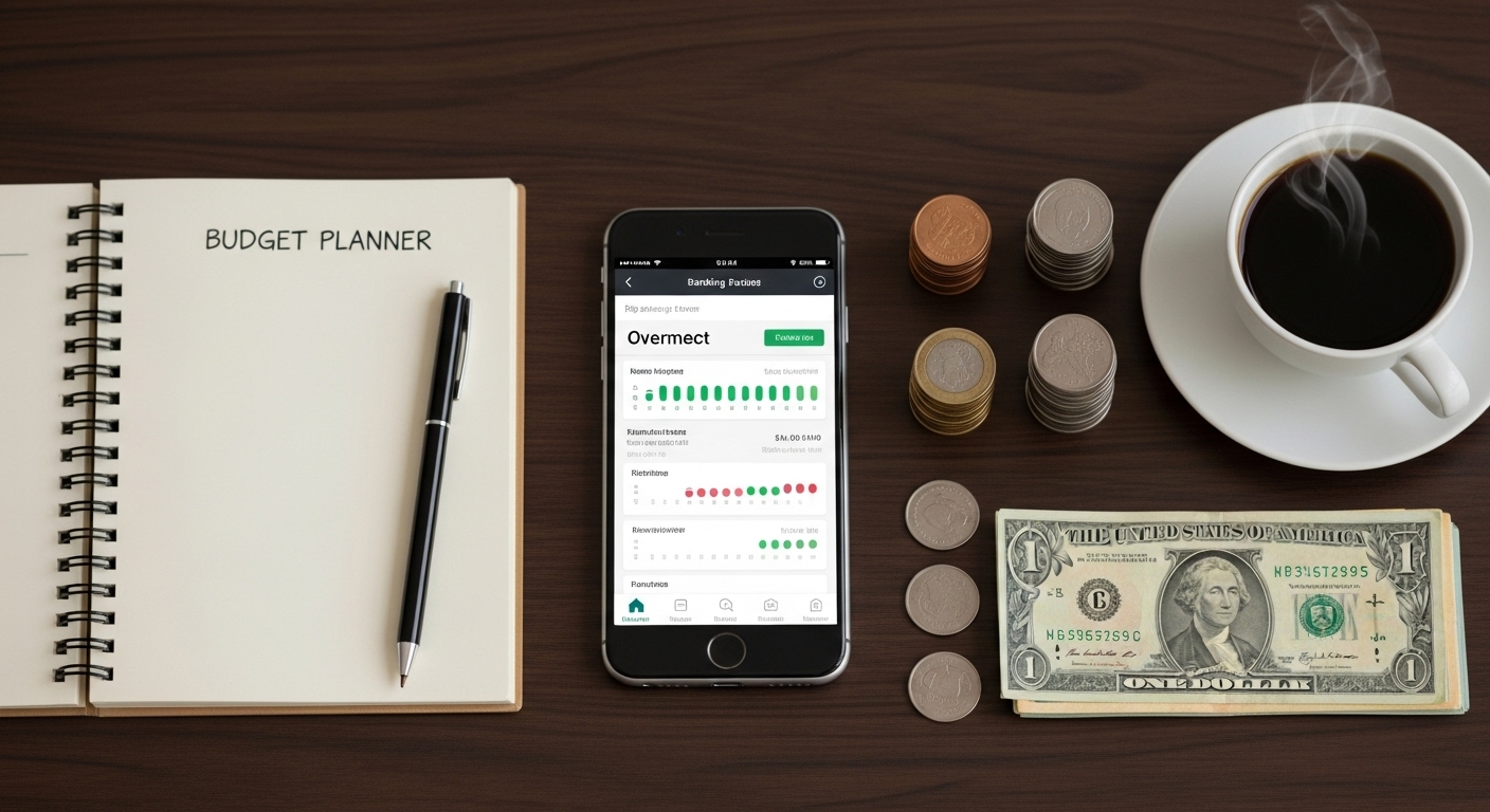 예산 플래너, 금융 앱이 켜진 스마트폰, 커피, 동전과 지폐가 정리된 책상 이미지.
