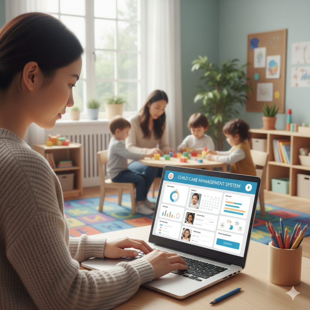 어린이집 선생님 시스템으로 아동 관리하는 모습