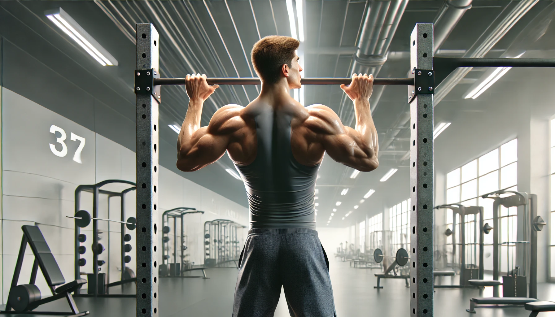 현대적인 체육관에서 턱걸이를 수행하는 근육질 남성. 상체 근육이 강조된 역동적인 자세와 자연스러운 조명이 조화를 이루는 장면.