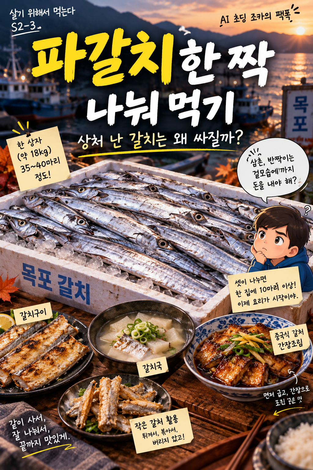 Vertical editorial illustration for &ldquo;Living to Eat S2-3,&rdquo; showing a large 18 kg box of Mokpo cutlassfish at a sunset harbor, with a young AI nephew questioning whether damaged-looking fish should cost less. The image explains sharing one box among three households and shows four possible uses: grilled cutlassfish, clear cutlassfish soup, Chinese-style soy-braised cutlassfish with a dark glossy sauce, and crispy small cutlassfish pieces, emphasizing practical sharing, portioning, and reducing food waste.