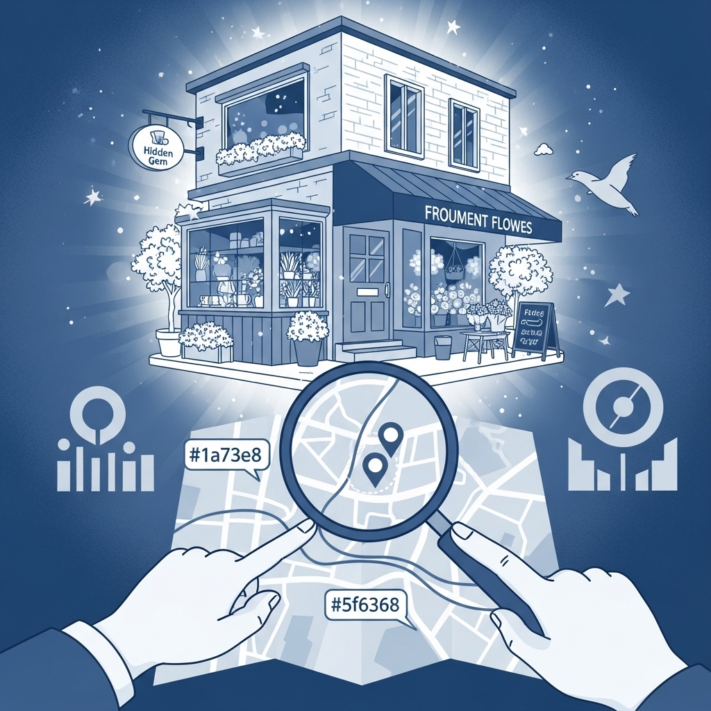 지도를 확대경으로 들여다보며 지역 소상공인 지원금을 찾는 손들과 밝게 빛나는 동네 가게의 모습