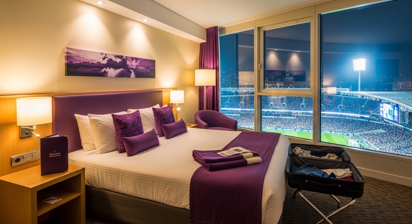 고양 아레나 인근의 현대적인 호텔 객실 내부와 창밖 야경