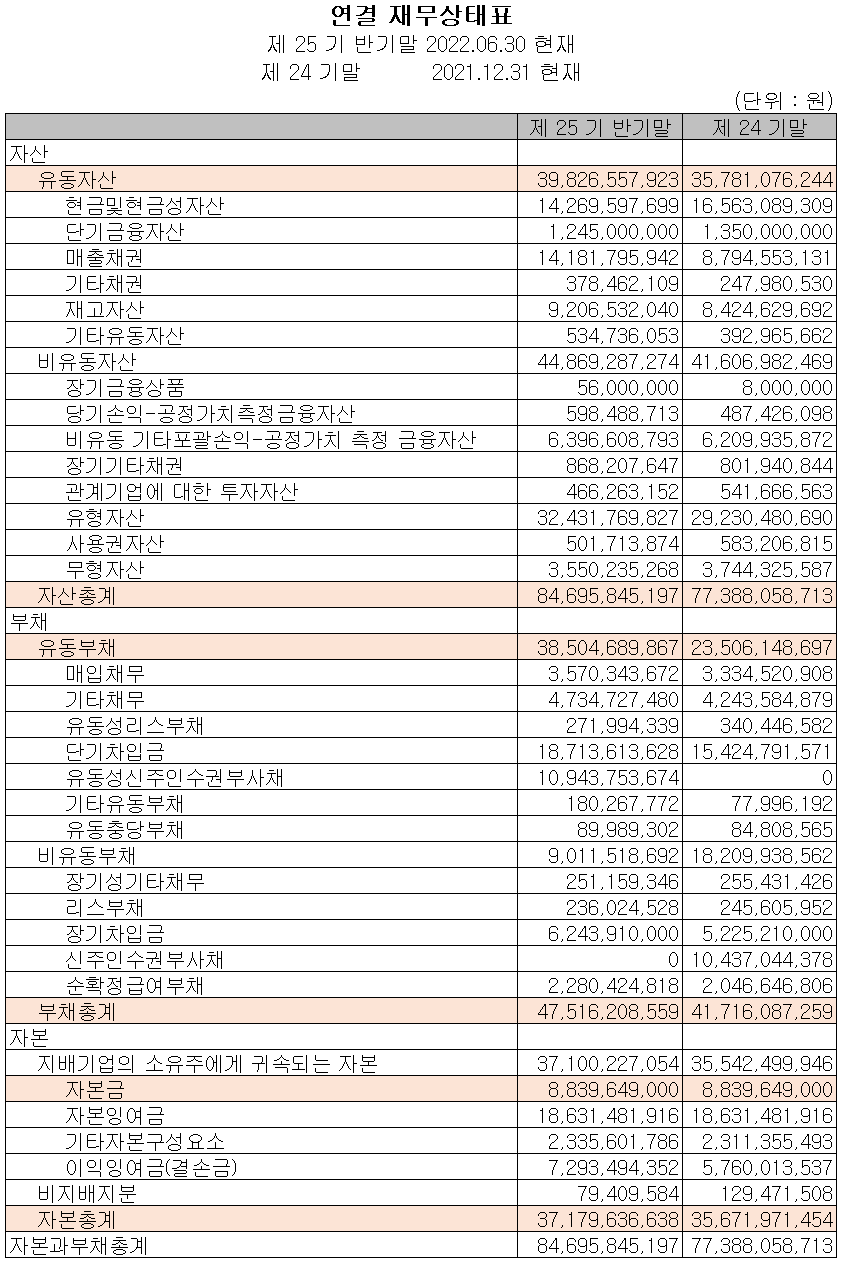 오킨스전자 - 재무상태표