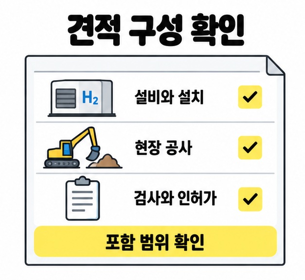 견적서의 설비와 설치, 현장 공사, 검사와 인허가 항목에 체크 표시를 넣어 포함 범위를 확인하도록 안내한 도식