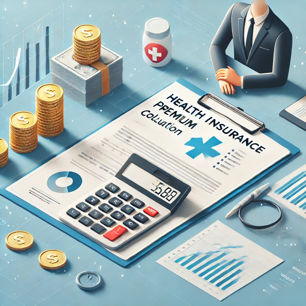 한국 건강보험료 계산을 상징하는 계산기와 건강 서류, 차트를 비교하는 사람의 일러스트
