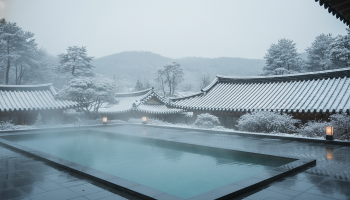 눈 덮인 한국 전통 지붕과 자연 풍경이 보이는 현대적인 야외 온천 수영장. 깨끗하고 평화로운 분위기가 느껴진다.