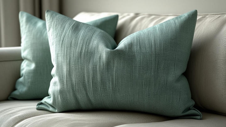 시원한 파란 계열 냉감 베개 커버가 놓인 여름 침대 위 모습