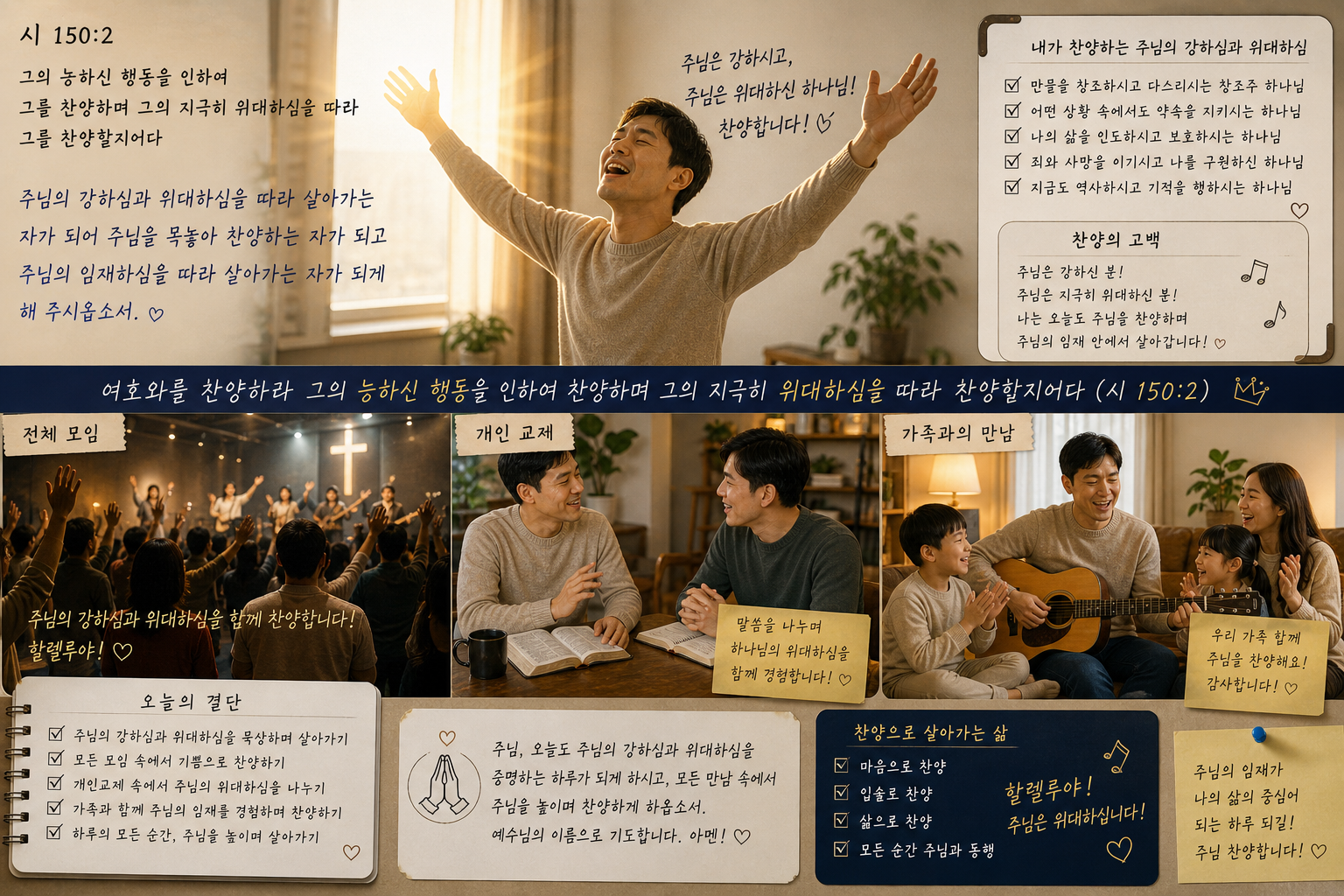 시 150:2 말씀에서 제가 주님의 강하심과 위대하심을 따라 살아가는 자가 되어 주님을 목놓아 찬양하는 자가 되고 주님의 임재하심을 따라 살아가는 자가 되게 해 주시옵소서.. 오늘 전체모임이나 개인교제나 가족과의 만남 속에서 하나님의 강하심과 위대하심을 증명하며 찬양하는 시간을 갖는 모습입니다.