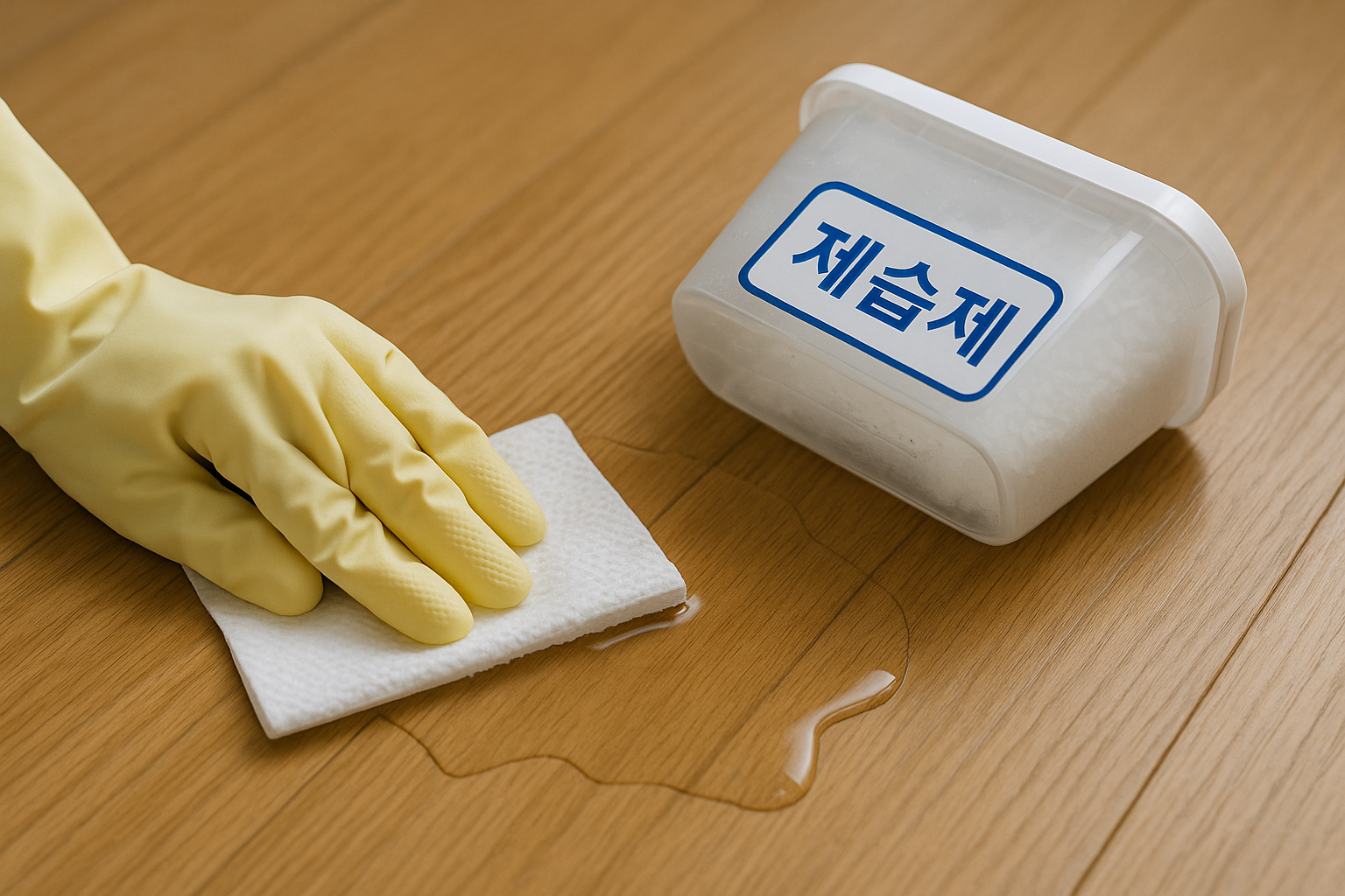 장갑을 끼고 제습제 누액을 키친타월로 흡수하는 모습