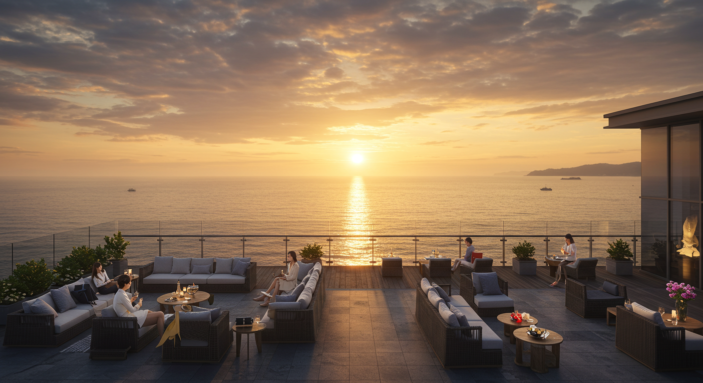 노을 지는 속초 라마다 루프탑 라운지에서 바라본 파노라마 바다 전경