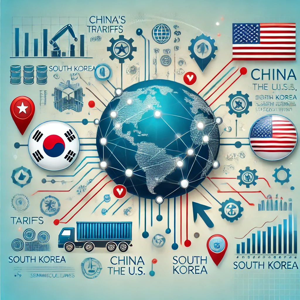 &quot;중국의 미국 보복관세와 한국 경제의 영향을 시각적으로 표현한 대표 이미지. 이미지에는 미국, 중국, 한국을 중심으로 한 지도와 무역 관련 그래프가 포함되어 있습니다. 화살표로 표시된 무역 흐름과 함께 관세 적용 품목(반도체, 자동차, 농산물)이 강조되었으며, 글로벌 공급망의 변화와 경제 갈등을 시사하는 상징적인 아이콘들이 배치되어 있습니다.&quot;
