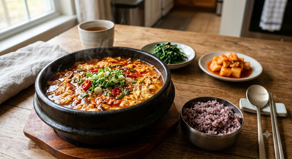 뚝배기 속에서 보글보글 끓고 있는 얼큰한 계란탕. 붉고 투명한 고추기름이 감도는 맑고 깊은 국물 위로 몽글몽글하고 부드럽게 풀어진 달걀 결이 가득 차 있다. 국물 사이로 탱글탱글하게 잘 불려진 당면 가닥들이 보이며, 송송 썬 대파와 양파 고명이 고추기름과 어우러져 먹음직스러운 비주얼을 완성하고 있다. 김이 모락모락 피어오르는 따뜻하고 정갈한 한식 주방의 느낌을 담은 사진.