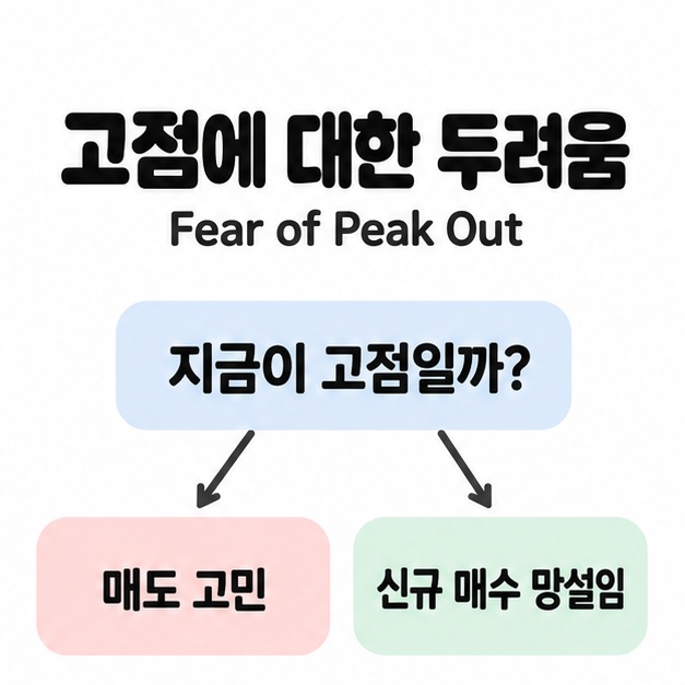 고점에 대한 두려움과 Fear of Peak Out이라는 설명 아래 지금이 고점일까라는 생각에서 매도 고민과 신규 매수 망설임으로 갈라지는 도식