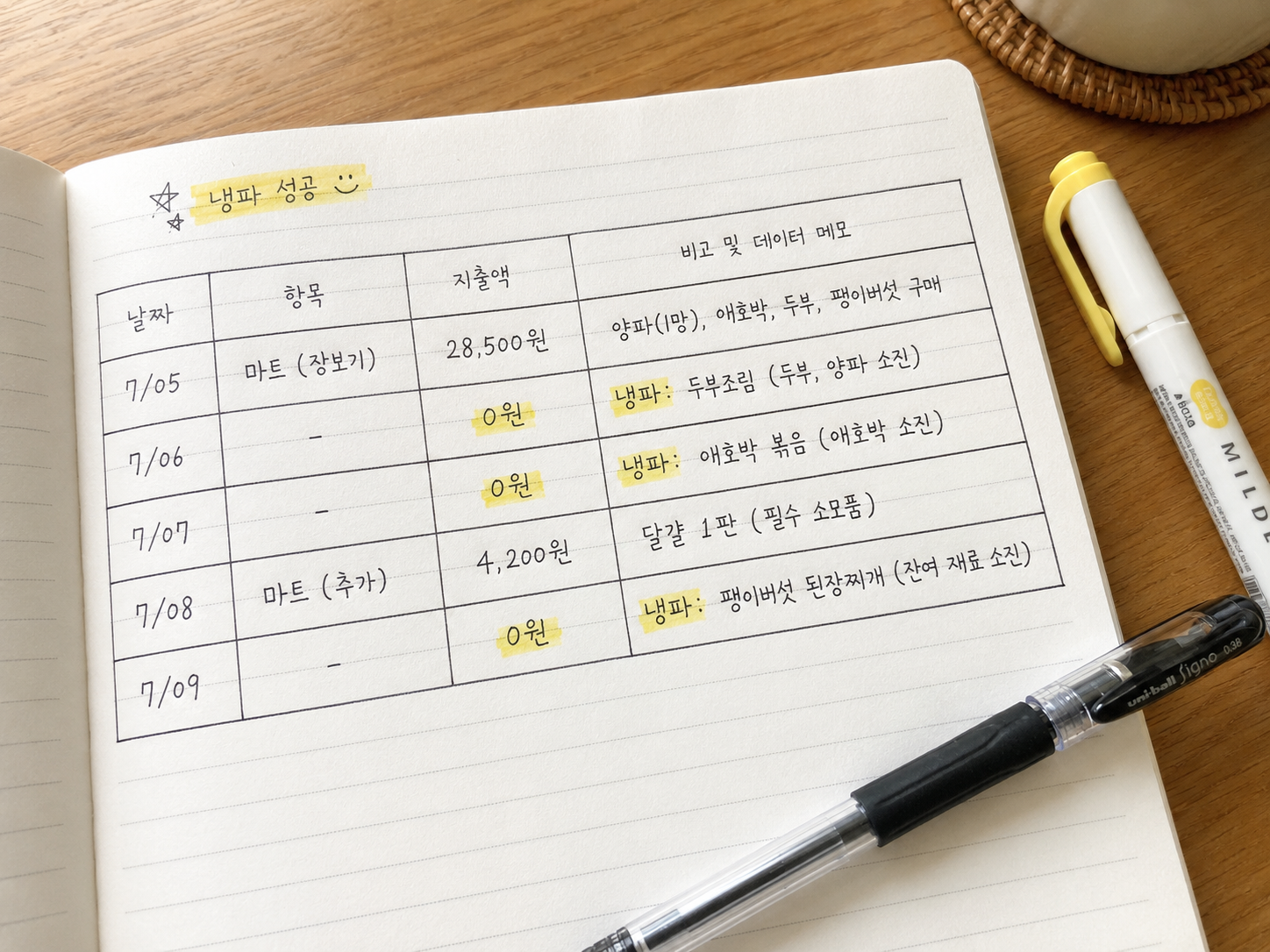 노트 한 면에 날짜, 항목, 지출액, 비고 및 데이터 메모로 구분된 표가 수기로 작성되어 있고, 지출액과 냉파 메모에 형광펜으로 강조 표시가 된 살림 가계부의 모습과 옆에 놓인 볼펜
