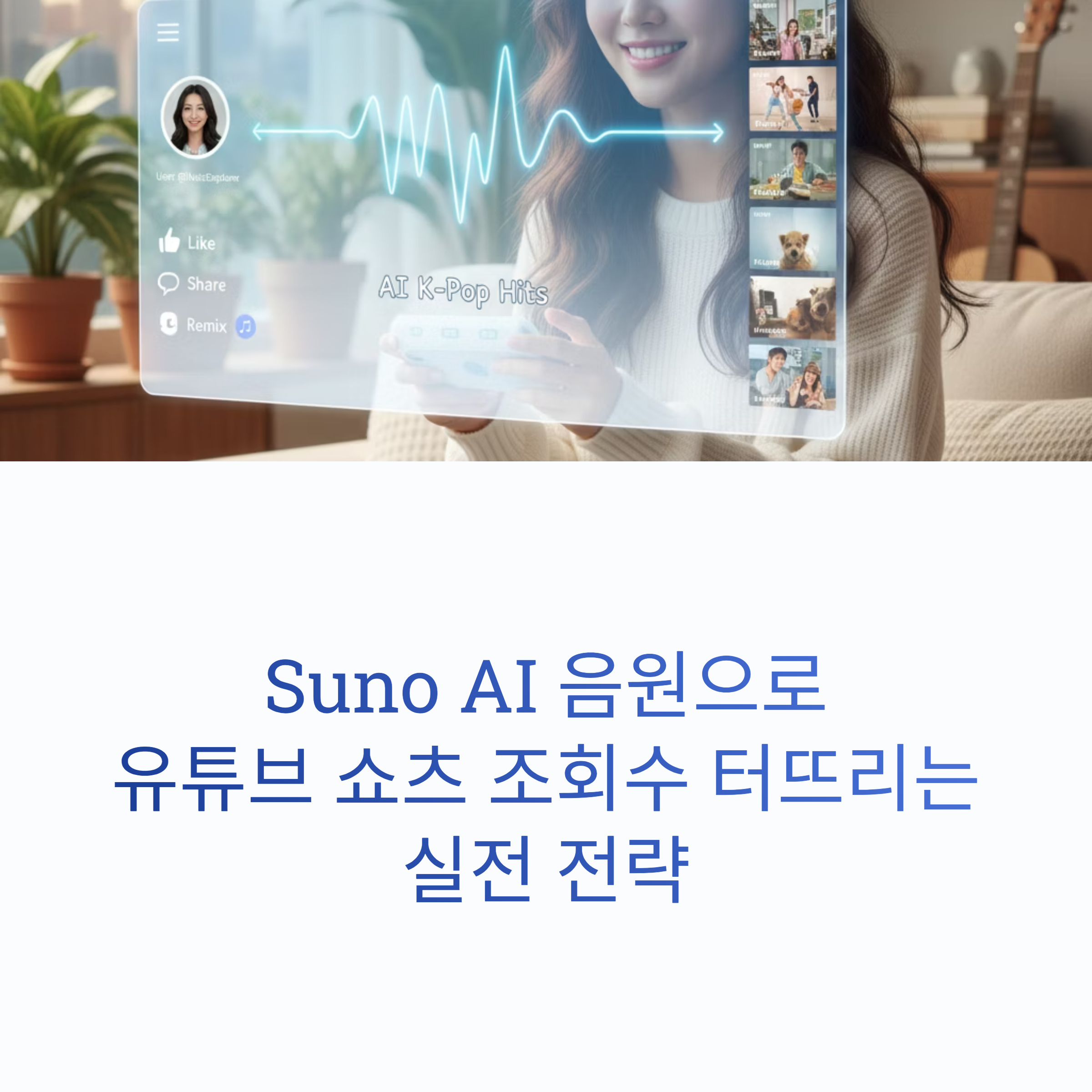Suno AI 음원으로 유튜브 쇼츠 조회수 늘리는 실전 전략! 알고리즘을 자극하는 콘텐츠 구성법부터 활용 팁까지 한눈에 정리했습니다.