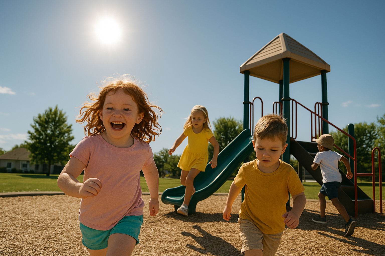 어린아이들이 자외선이 강한 뜨거운 태양아래 놀이터에서 뛰어놀고 있는 이미지