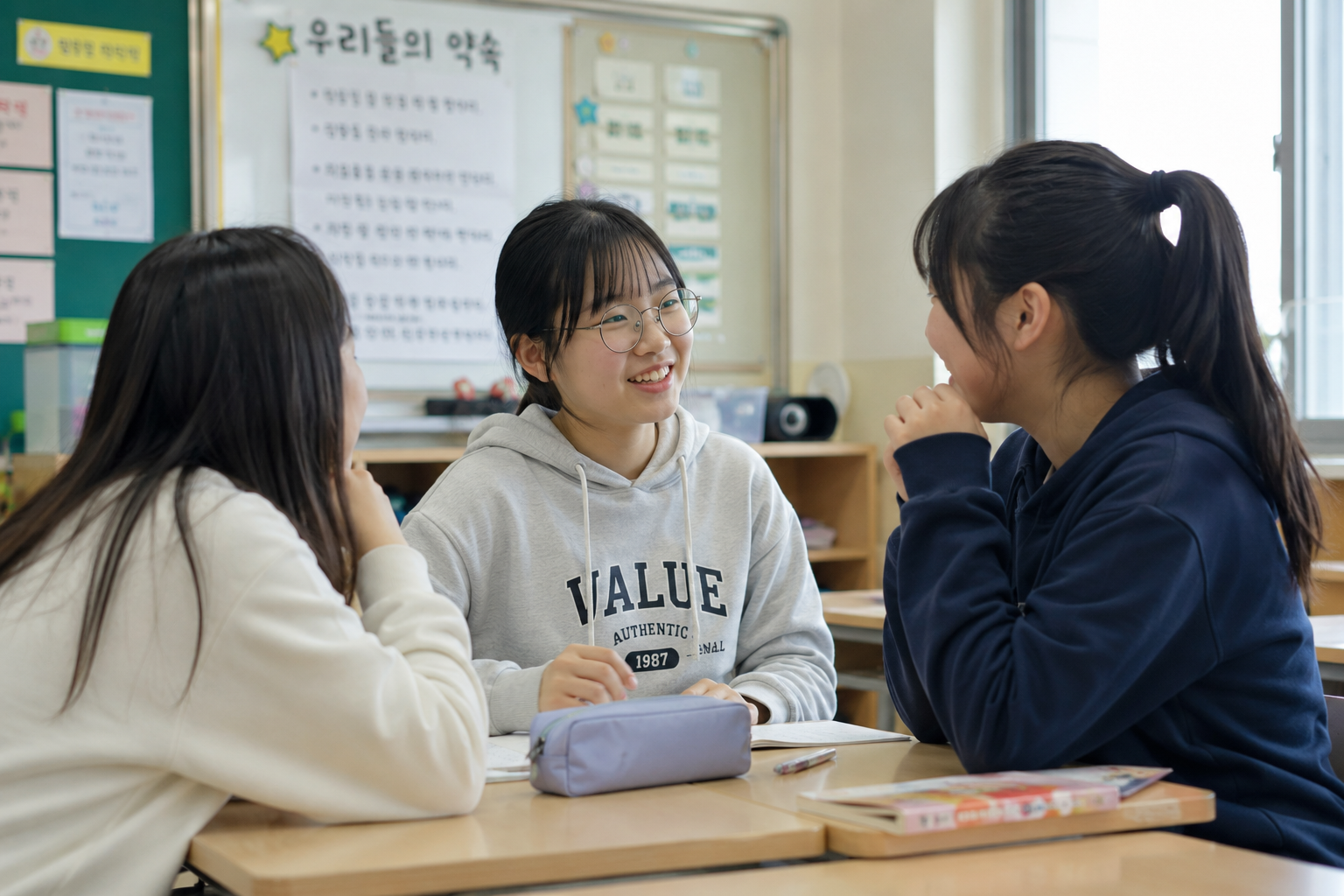 친구들과 이야기를 하고 있는 모습