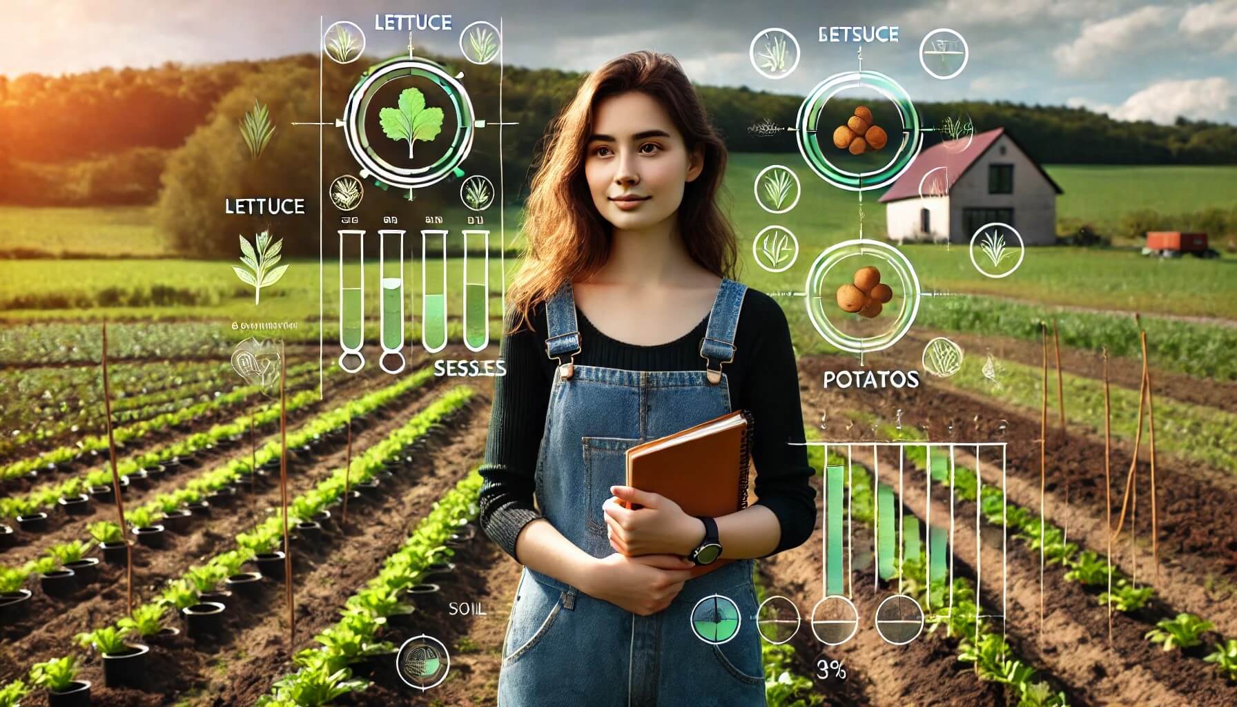 젊은 여성 유기농 농부—중심으로 작물 선정을 고민하는 장면을 담은 이미지