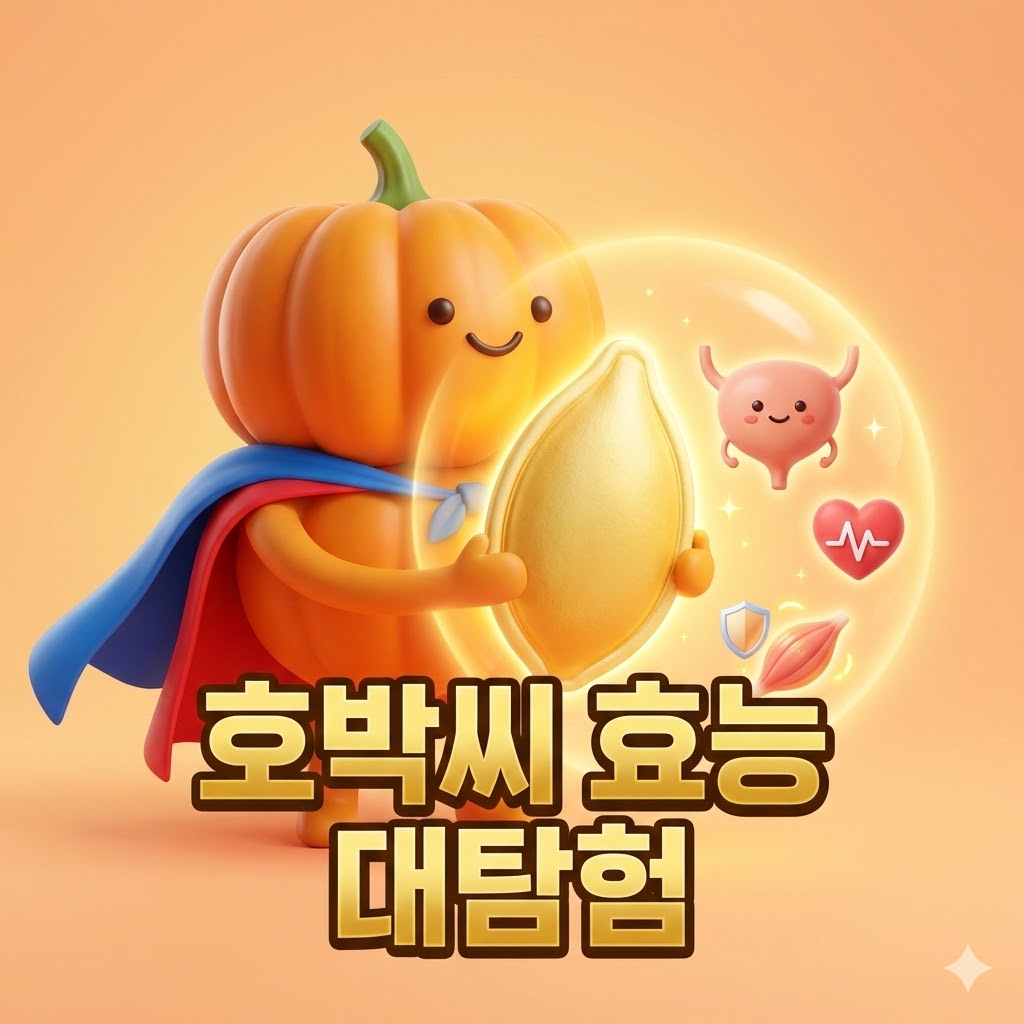 슈퍼히어로 복장을 한 귀여운 호박 캐릭터가 빛나는 호박씨를 들고 있고, 그 주위로 웃는 방광과 심장 같은 귀여운 장기 캐릭터들이 보호받고 있는 3D 카툰 일러스트. '호박씨 효능 대탐험'이라는 문구가 있습니다.