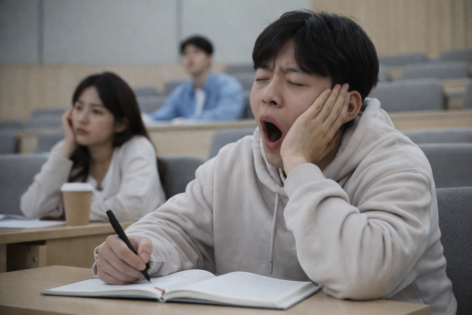 수업 중 졸음을 참지 못하고 하품하는 학생의 모습, 과다수면증과 낮 졸림 증상을 설명하는 이미지